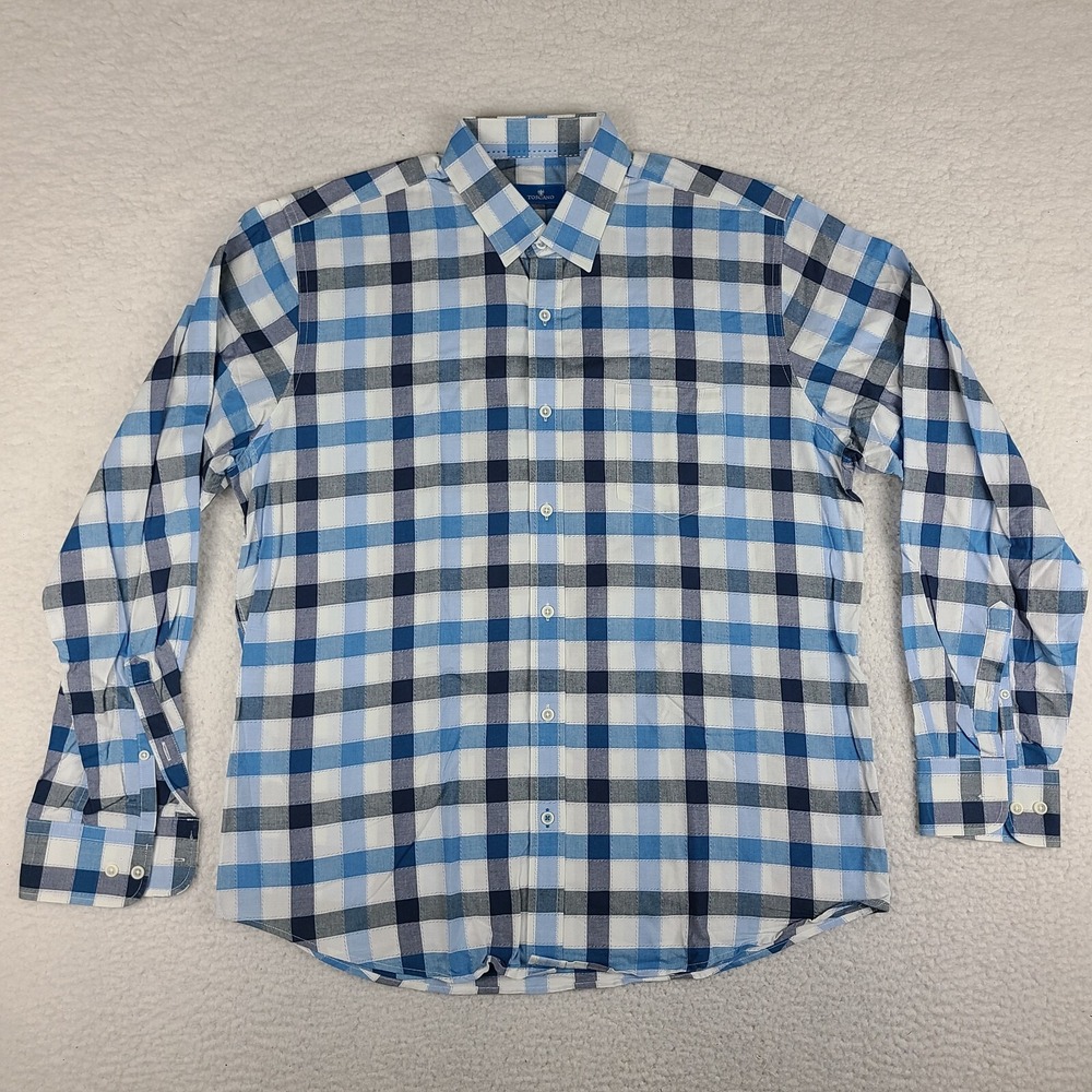 Toscano Shirt Mens Large Blue White‎ Check Plaid Cotton Dress Button Up